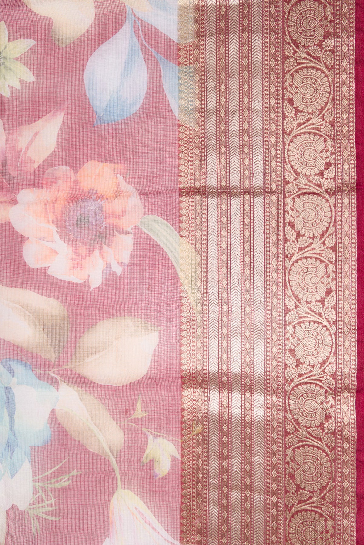 Border image of Maroon Dual Tone Tussar Silk Saree with Printed design on the body and Zari Border. 