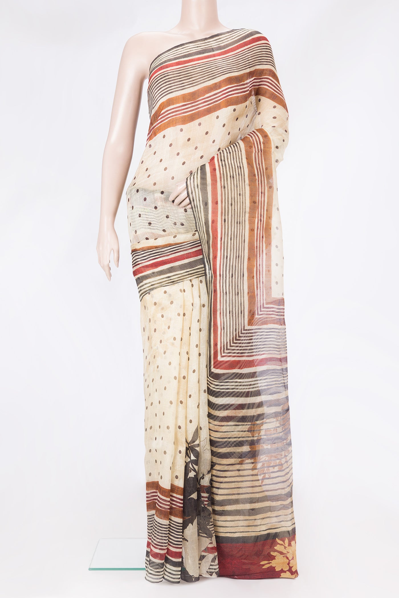 Sandal Dual Tone Organza Silk Saree with Printed design on the body and Printed Border.  displayed on a mannequin