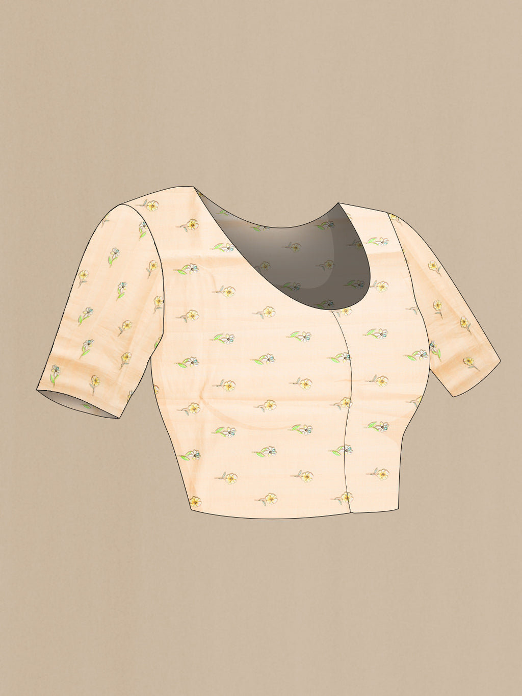 Close up image of the blouse of Beige Dual Tone Tussar Silk Saree with Printed design on the body and Printed Border. 