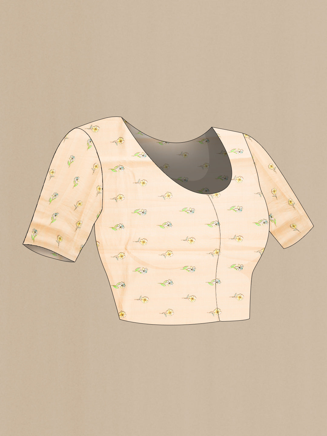 Close up image of the blouse of Beige Dual Tone Tussar Silk Saree with Printed design on the body and Printed Border. 