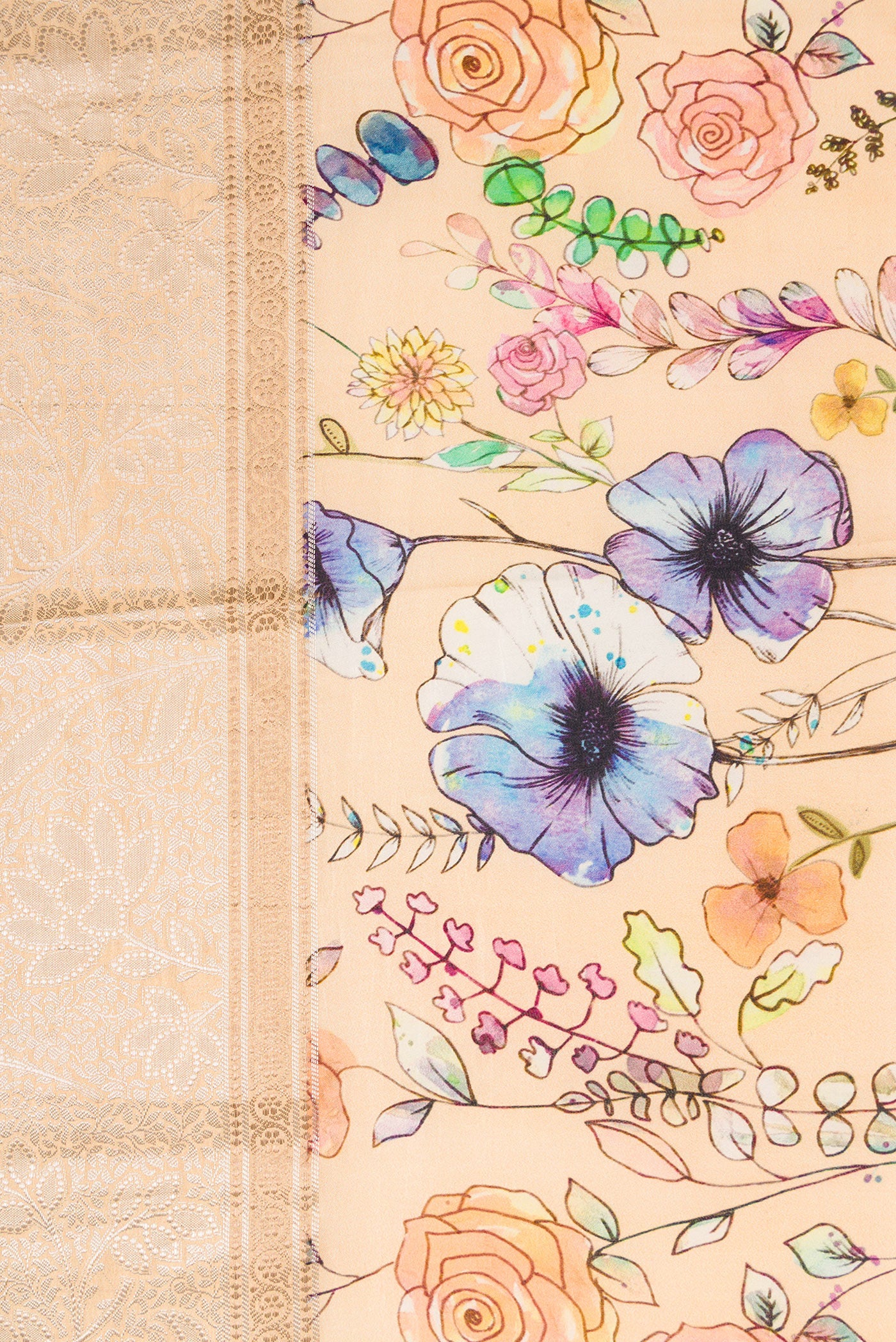 Border image of Beige Dual Tone Tussar Silk Saree with Printed design on the body and Printed Border. 