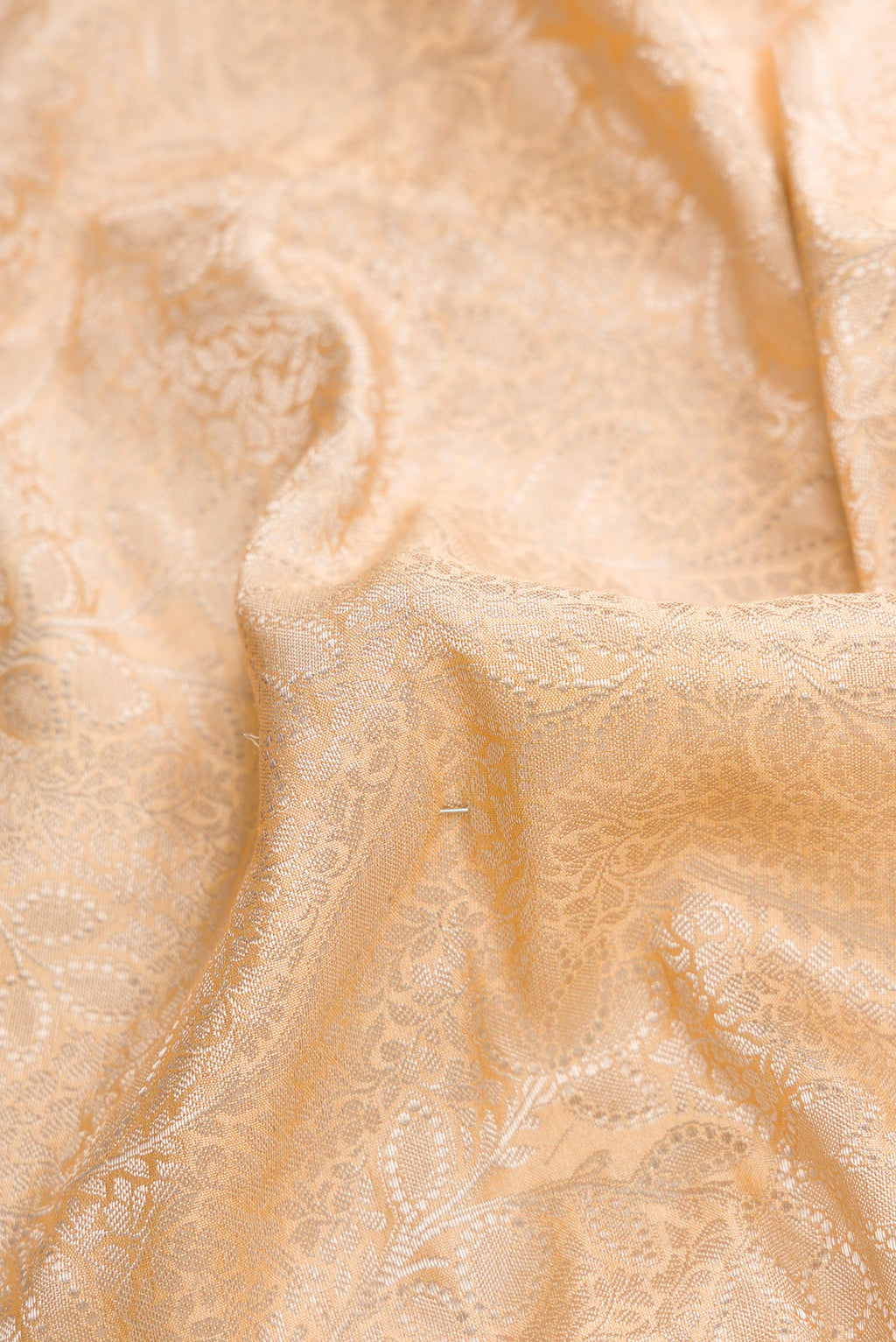 Close up of Beige Dual Tone Tussar Silk Saree with Printed design on the body and Printed Border.  displaying folds