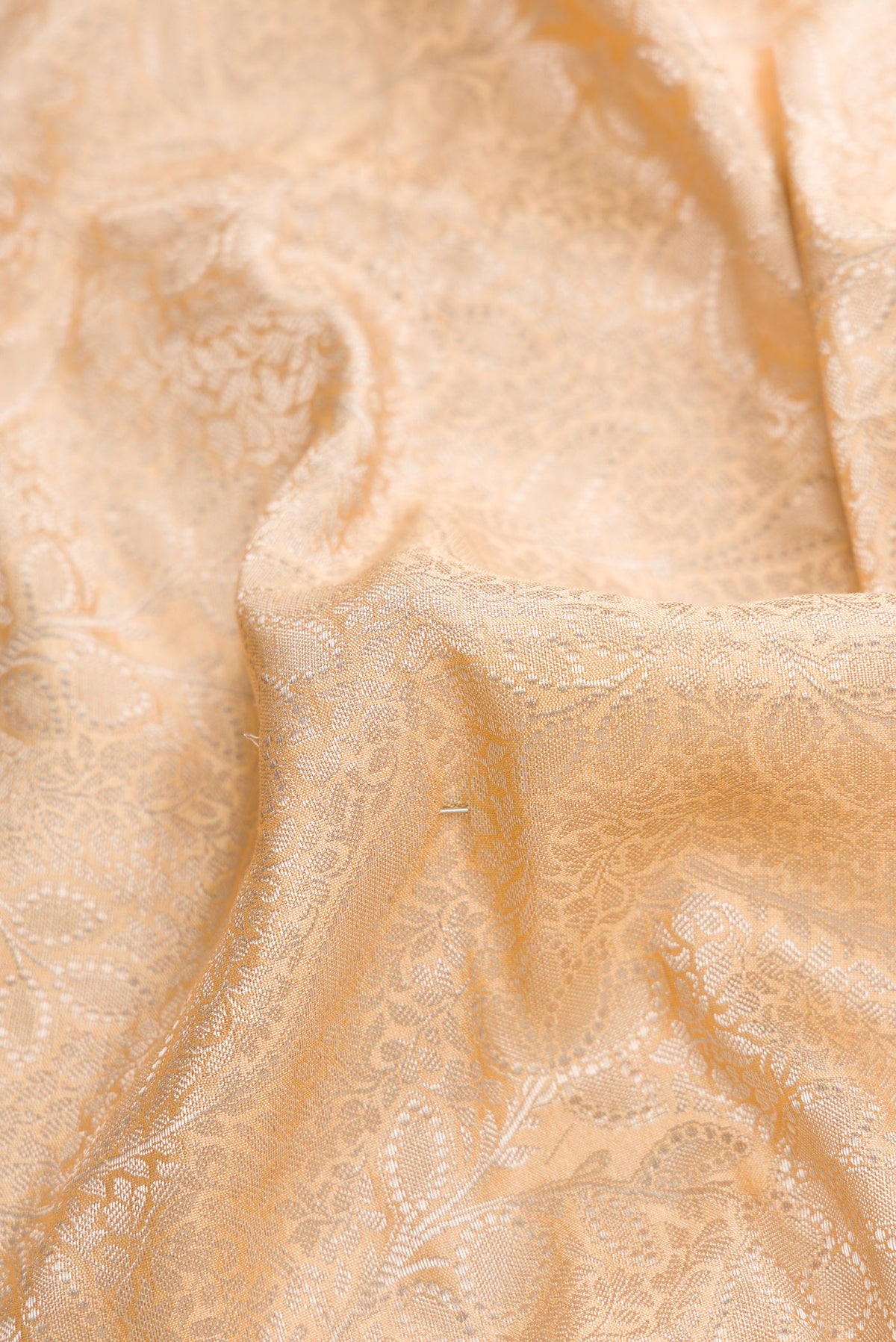 Close up of Beige Dual Tone Tussar Silk Saree with Printed design on the body and Printed Border.  displaying folds