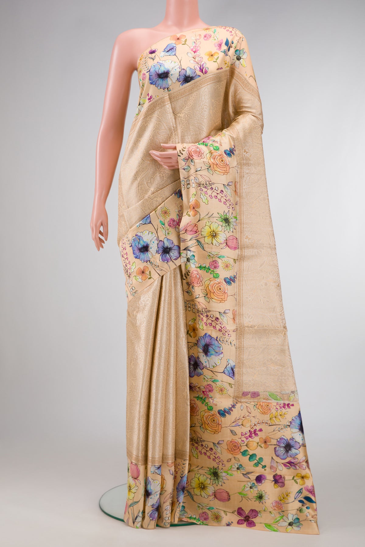Beige Dual Tone Tussar Silk Saree with Printed design on the body and Printed Border.  displayed on a mannequin