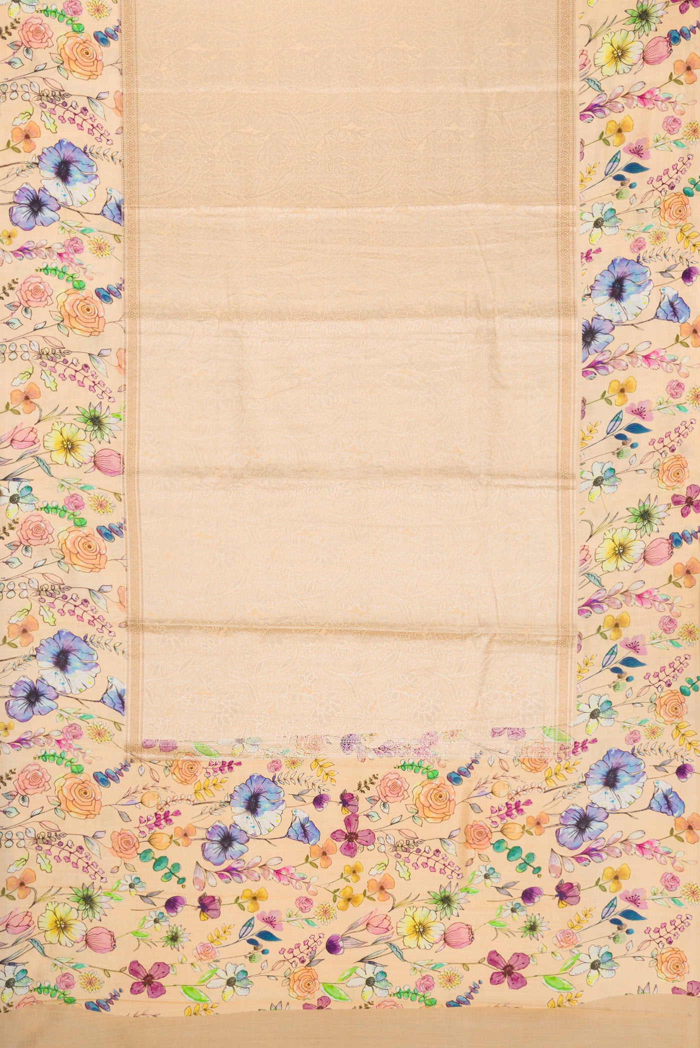 Flat view of Beige Dual Tone Tussar Silk Saree with Printed design on the body and Printed Border. 