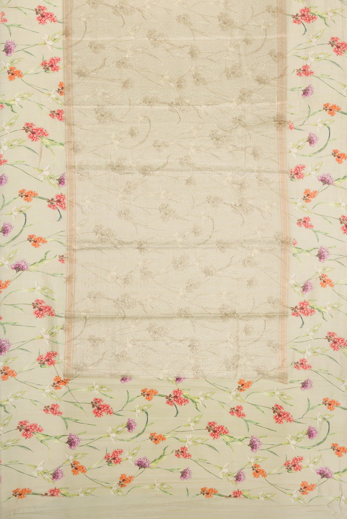 Flat view of Light Green Dual Tone Tussar Silk Saree with Printed design on the body and Printed Border. 
