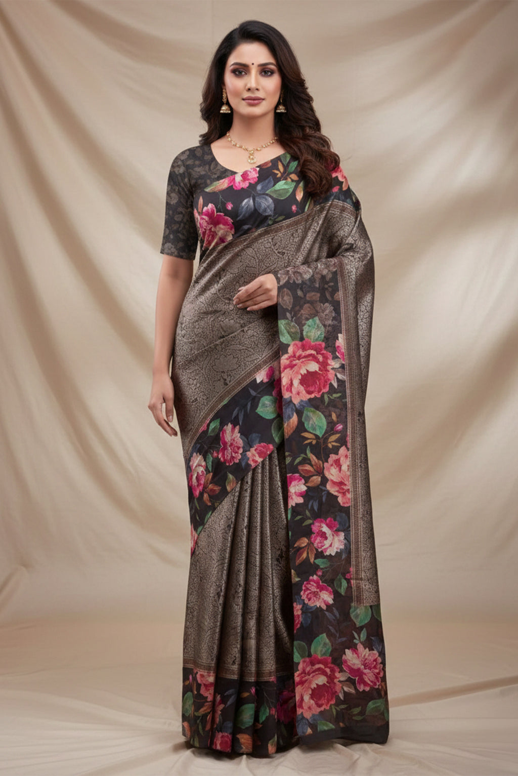 Model wearing a Black Banarasi Silk Saree with Zari Brocade on the body and Printed Border.