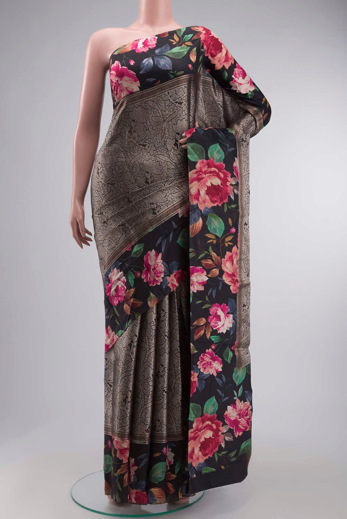 Black Banarasi Silk Saree with Zari Brocade on the body and Printed Border displayed on a mannequin