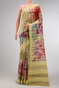 Yellow Dual Tone Tussar Silk Saree with Printed design on the body and Zari Border.  displayed on a mannequin