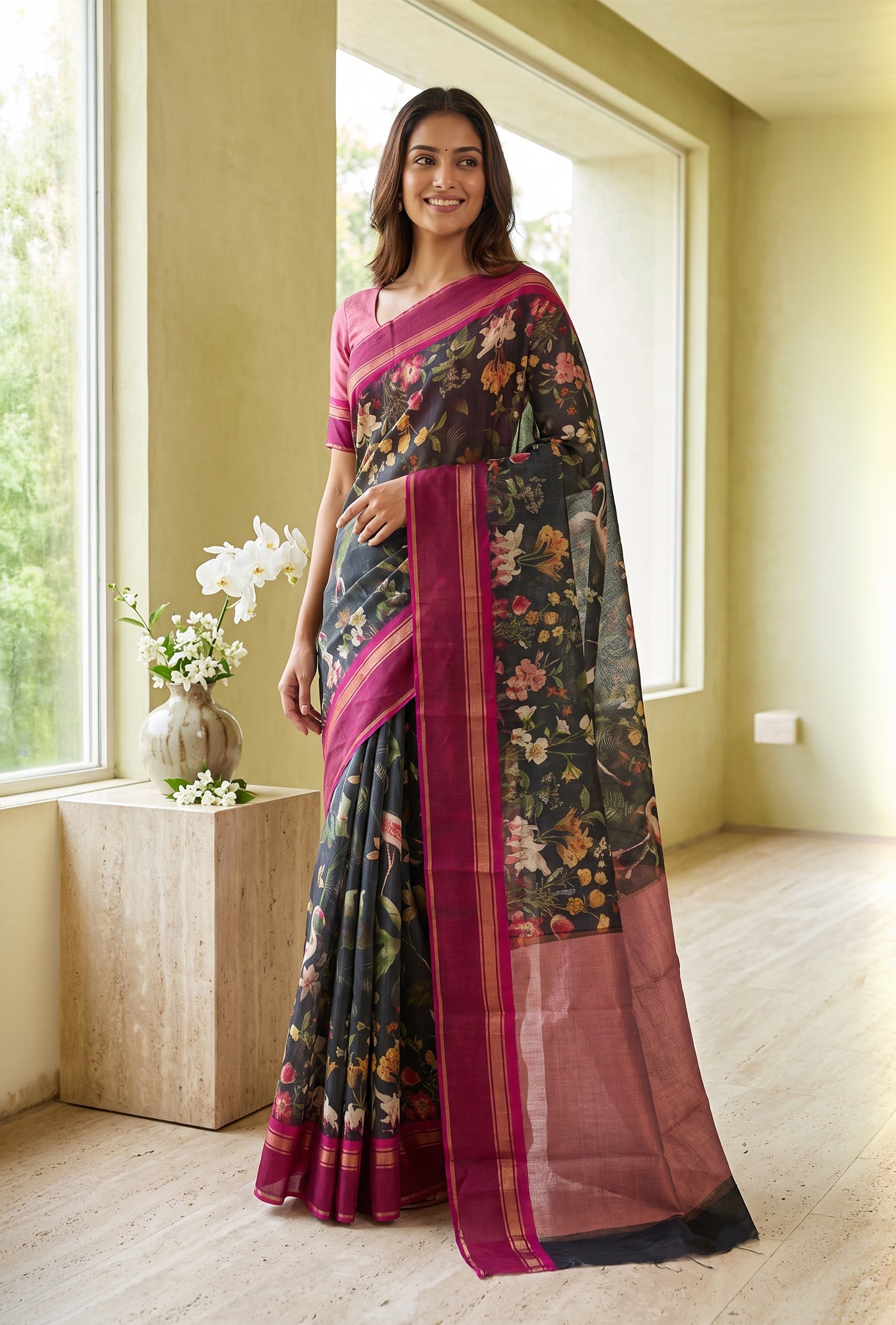Model wearing a Black Tussar Silk Saree with Floral Print on the body and Zari Border.