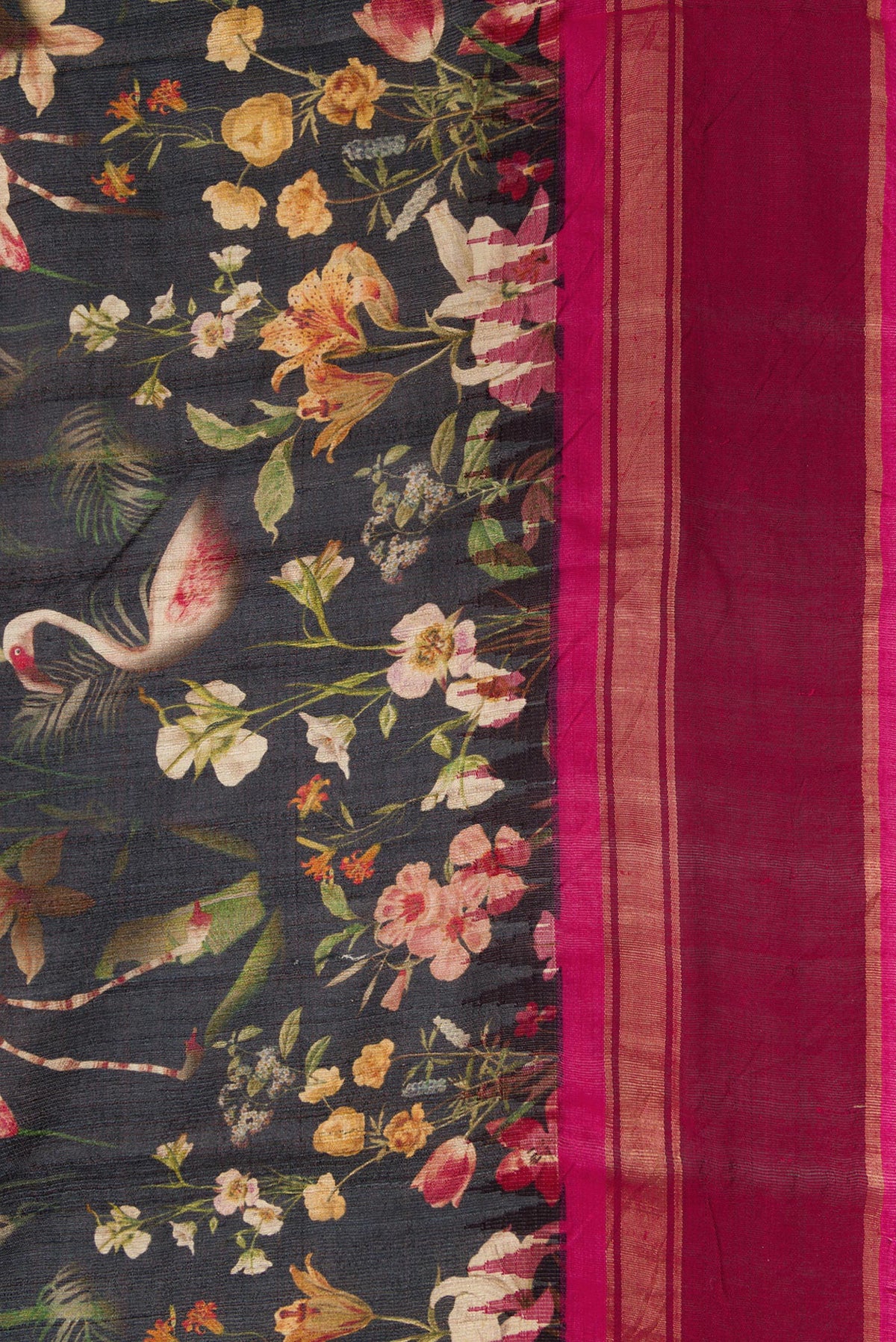 Border image of Black Dual Tone Tussar Silk Saree with Printed design on the body and Zari Border. 