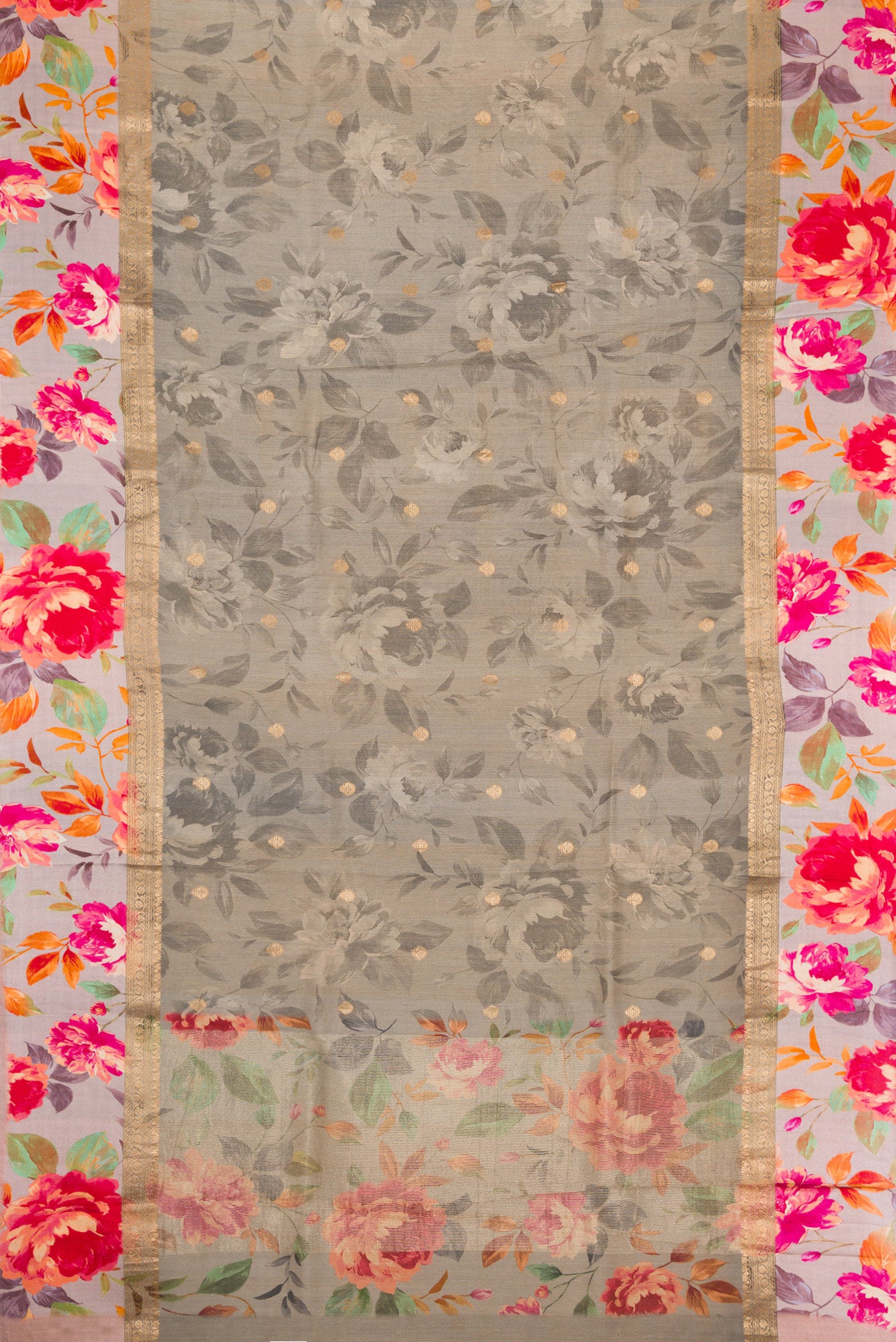Flat view of Grey Dual Tone Tussar Silk Saree with Zari Butta on the body and Zari Border. 