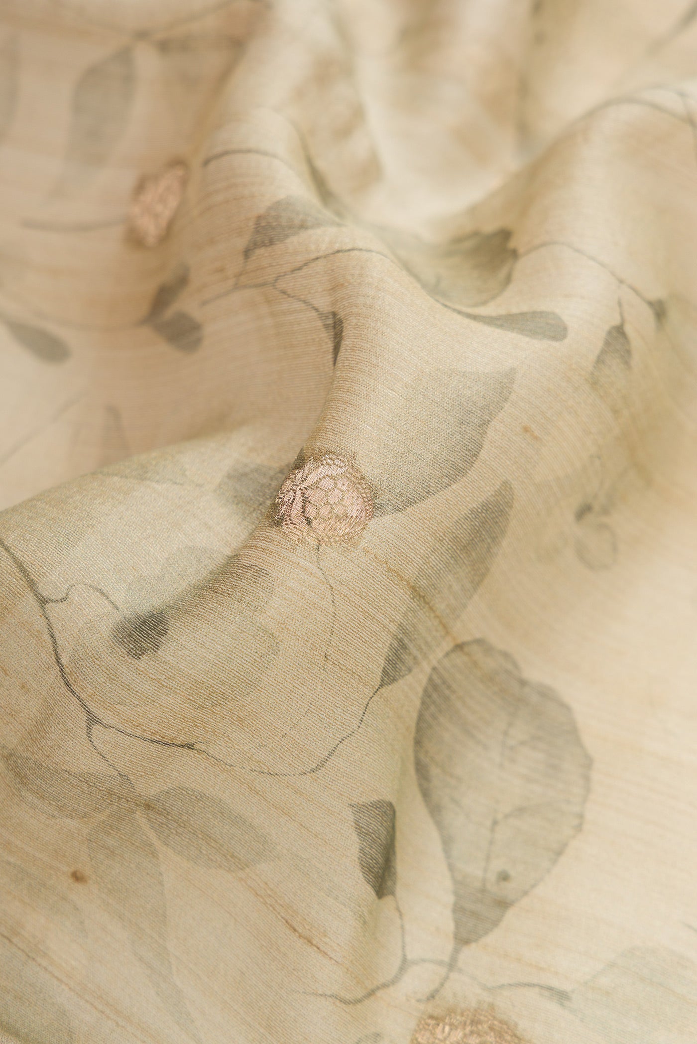 Close up of Grey Dual Tone Tussar Silk Saree with Printed design on the body and Printed Border.  displaying folds