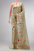 Grey Dual Tone Tussar Silk Saree with Printed design on the body and Printed Border.  displayed on a mannequin