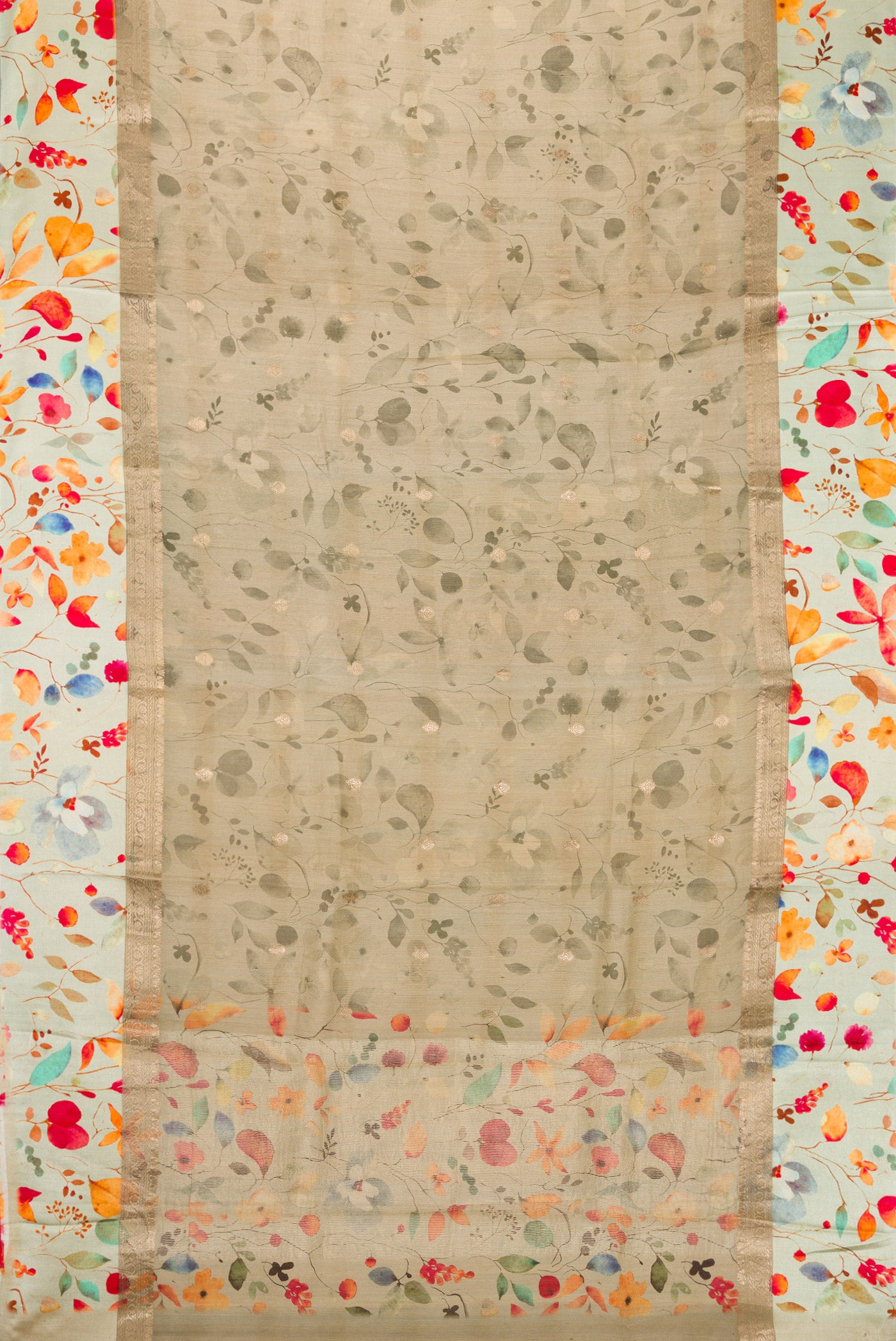 Flat view of Grey Dual Tone Tussar Silk Saree with Printed design on the body and Printed Border. 