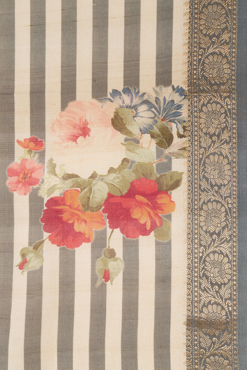 Border image of Beige and Grey Color Tussar Silk Saree with Printed design on the body and Zari Border. 
