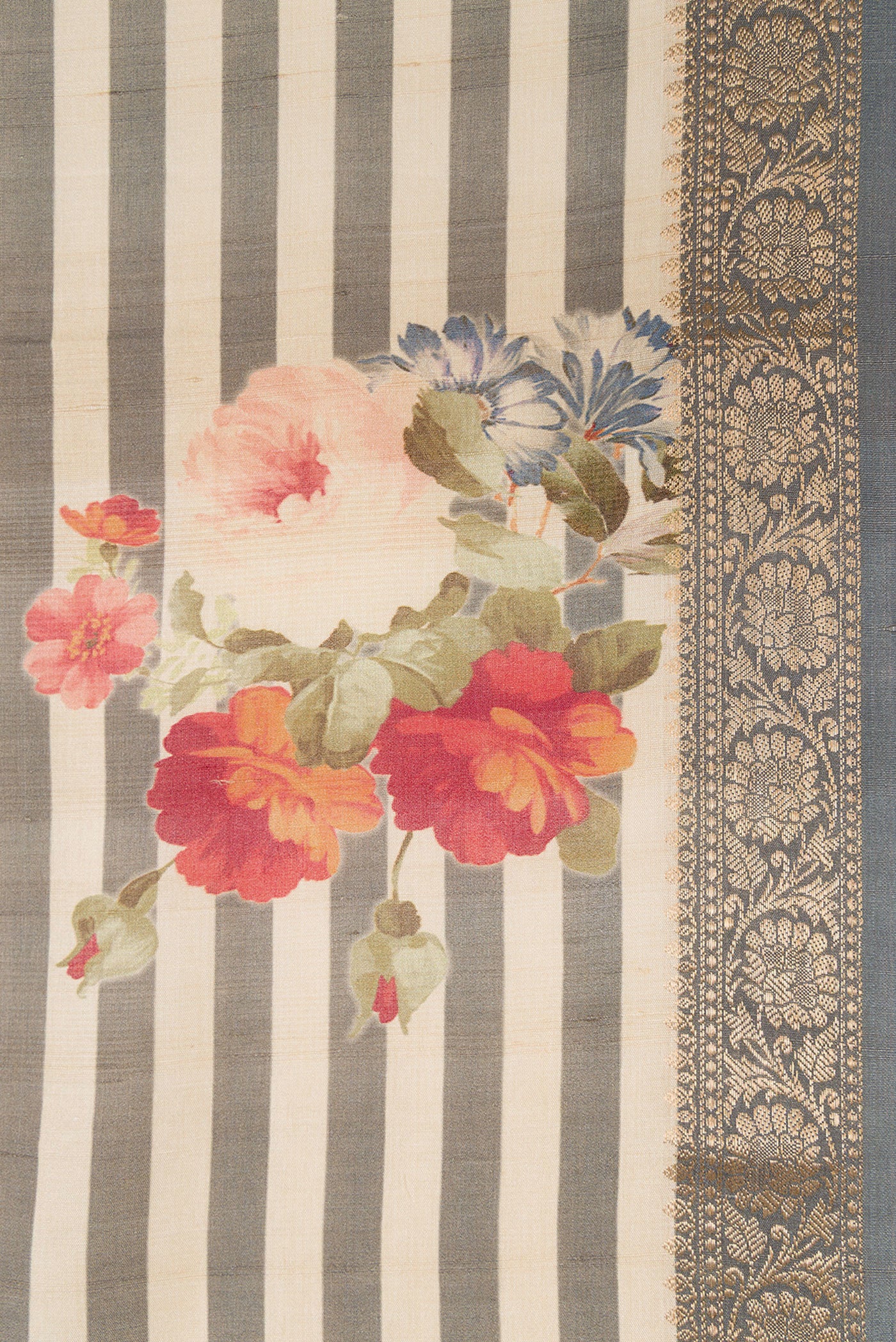 Border image of Beige and Grey Color Tussar Silk Saree with Printed design on the body and Zari Border. 