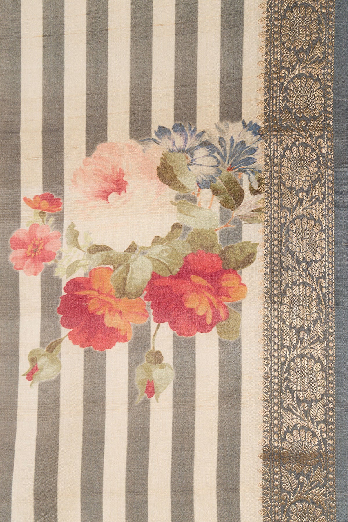 Border image of Beige and Grey Color Tussar Silk Saree with Printed design on the body and Zari Border. 