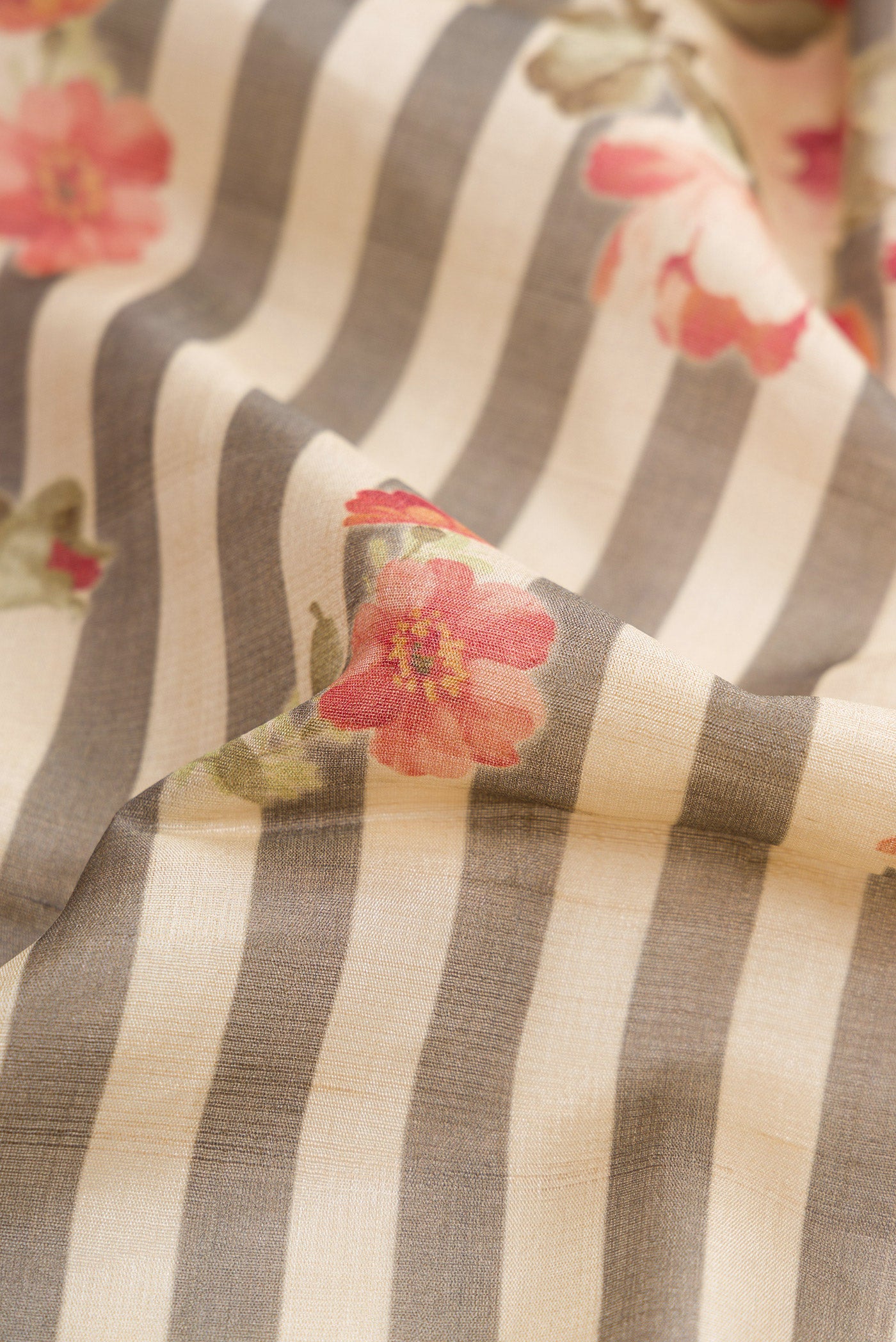Close up of Beige and Grey Color Tussar Silk Saree with Printed design on the body and Zari Border.  displaying folds