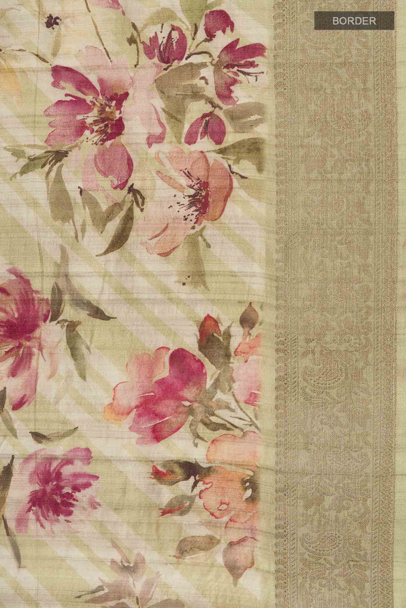 Border image of Beige Bhagalpuri Tussar Silk Saree with Printed design on the body and Zari Border