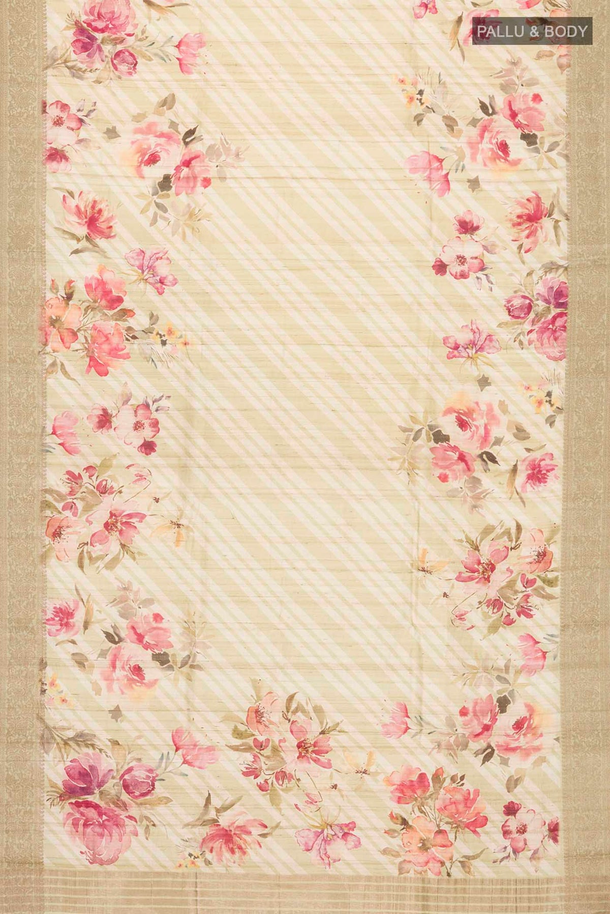 Flat view of Beige Bhagalpuri Tussar Silk Saree with Printed design on the body and Zari Border