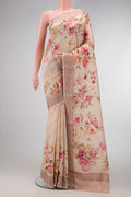 Beige Dual Tone Tussar Silk Saree with Printed design on the body and Thread Border.  displayed on a mannequin