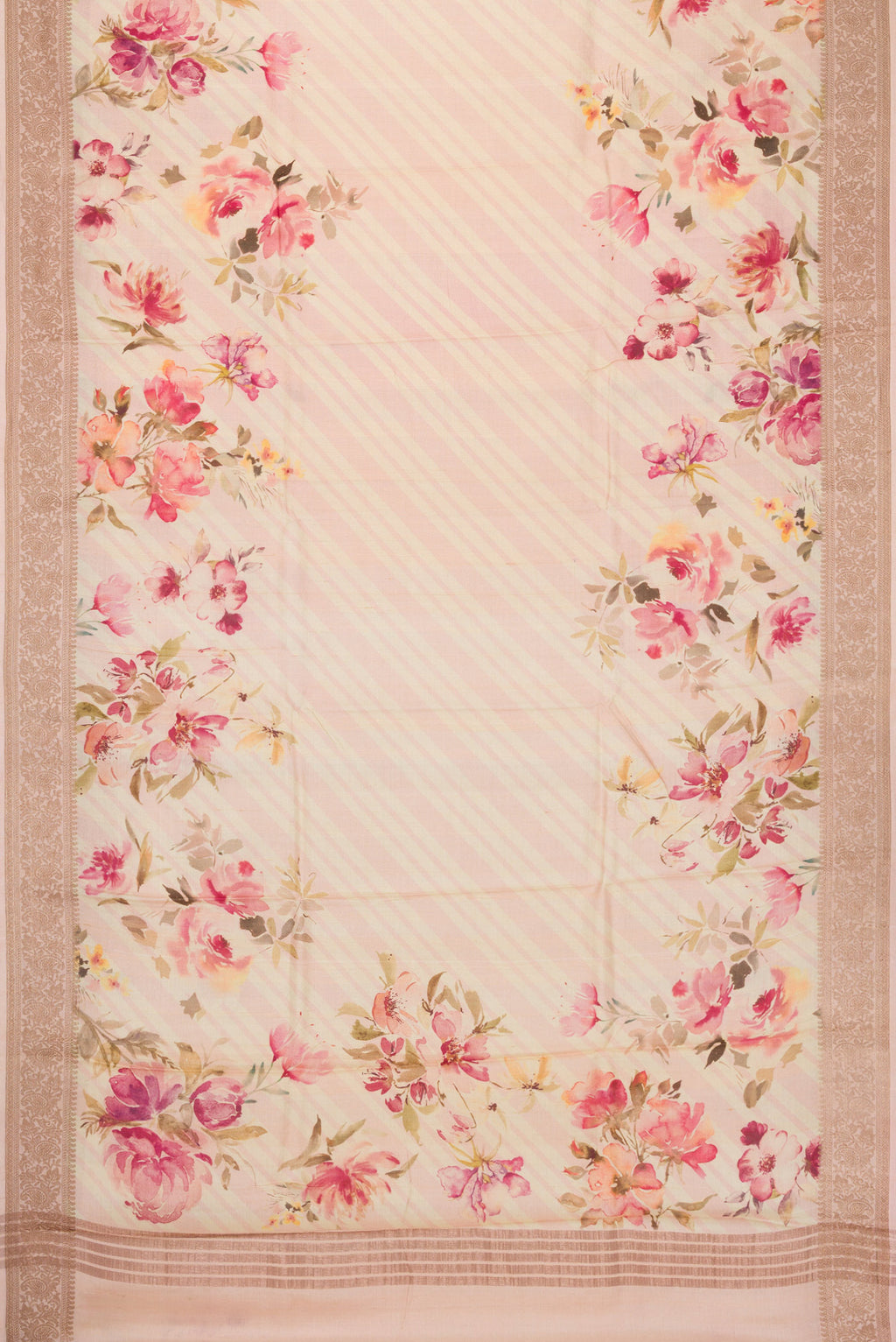 Flat view of Beige Dual Tone Tussar Silk Saree with Printed design on the body and Thread Border. 