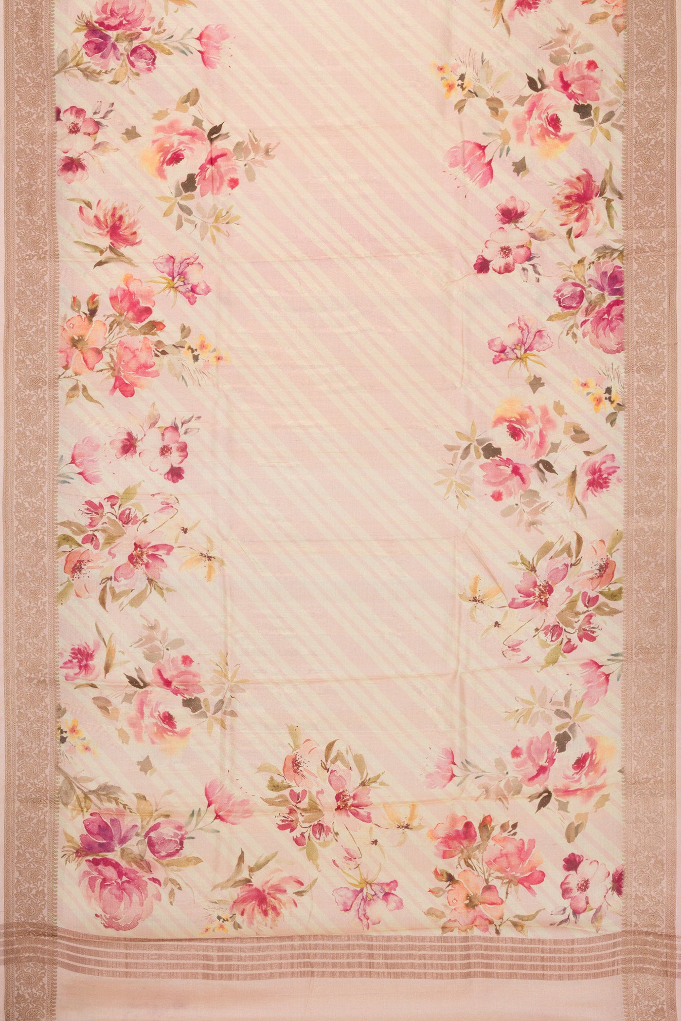 Flat view of Beige Dual Tone Tussar Silk Saree with Printed design on the body and Thread Border. 