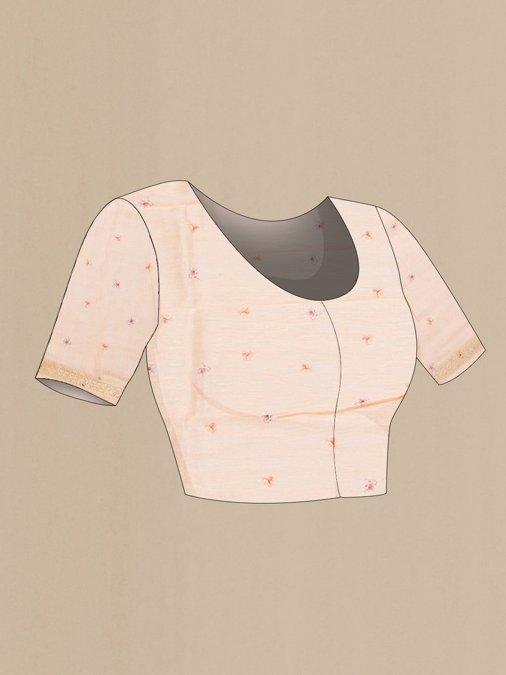 Close up image of the blouse of Golden Peach Linen Saree with Floral Print on the body and Zari Border. 