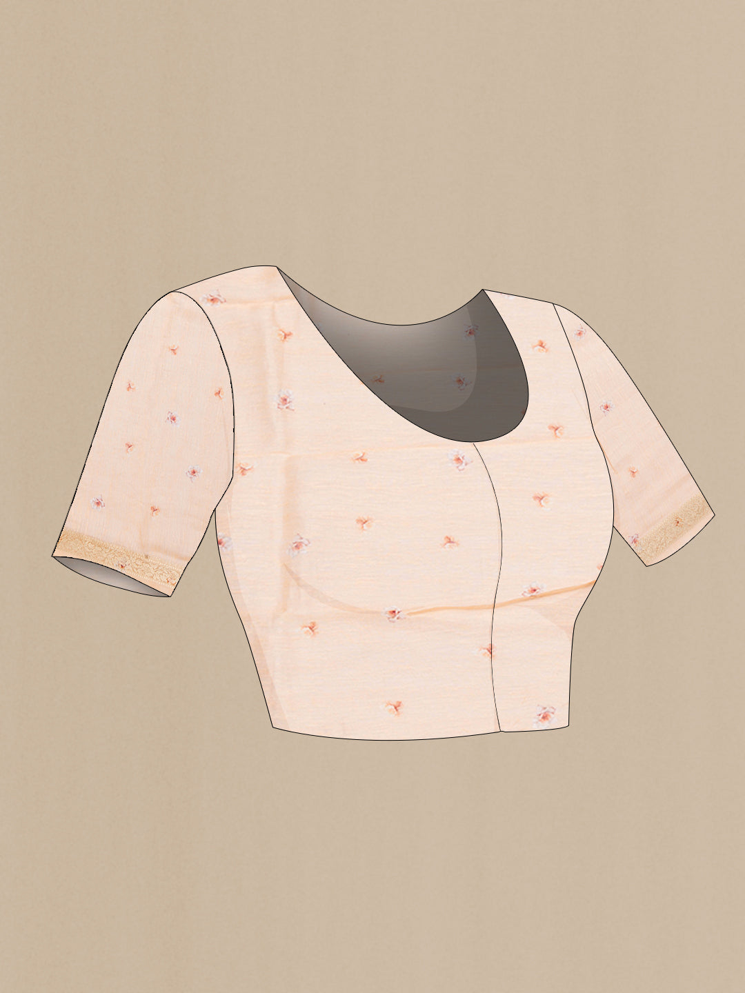 Close up image of the blouse of Golden Peach Linen Saree with Floral Print on the body and Zari Border. 