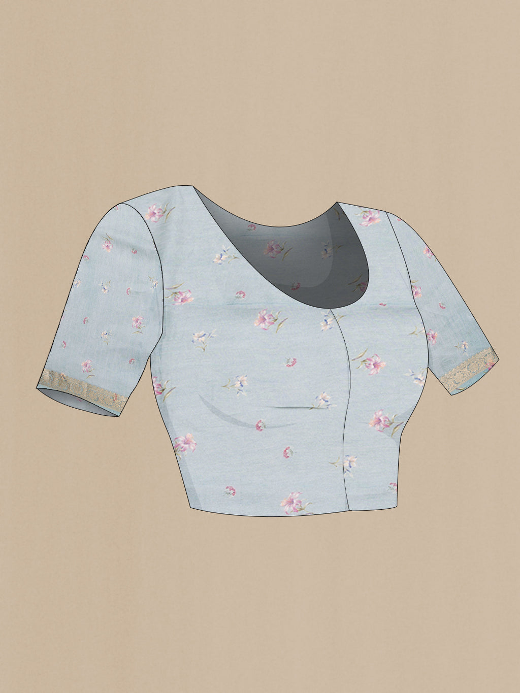 Close up image of the blouse of Grey Linen Saree with Floral Print on the body and Zari Border. 