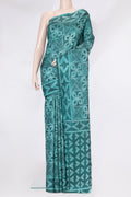 Bottle Green Tussar Silk Saree with Printed design on the body and Printed Border.  displayed on a mannequin
