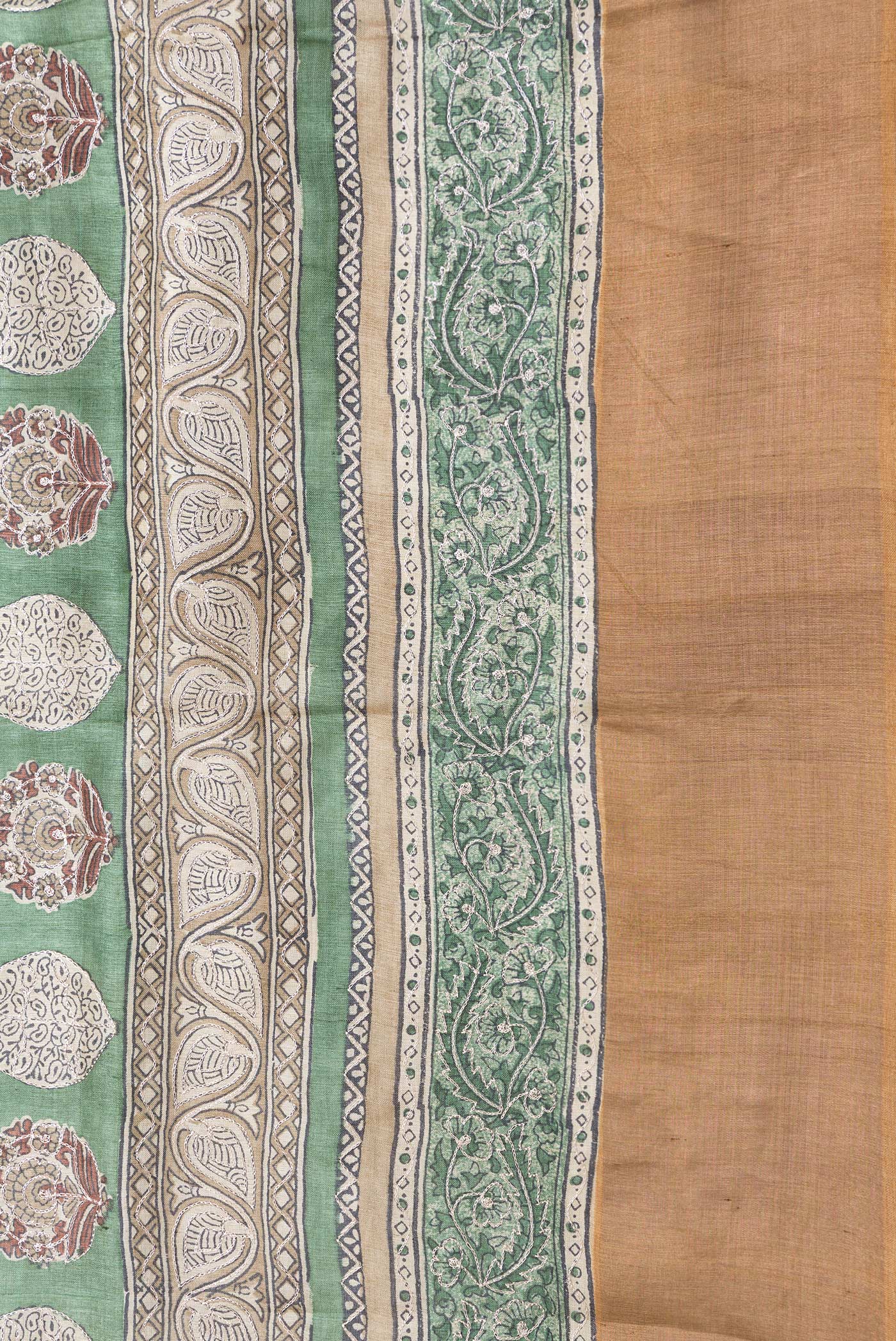 Border image of Green Dual Tone Tussar Silk Saree with Embroidery on the body and Zari Border. 