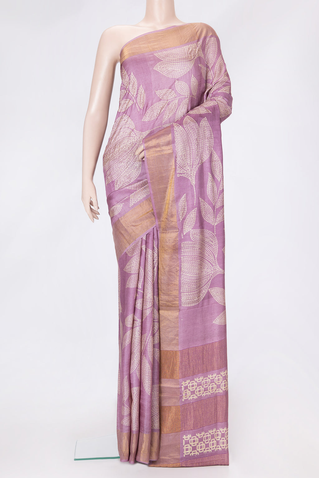Pink Dual Tone Tussar Silk Saree with Embroidery on the body and Zari Border.  displayed on a mannequin