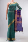 Blue Silk Cotton Saree with Plain Body and Zari Border displayed on a mannequin