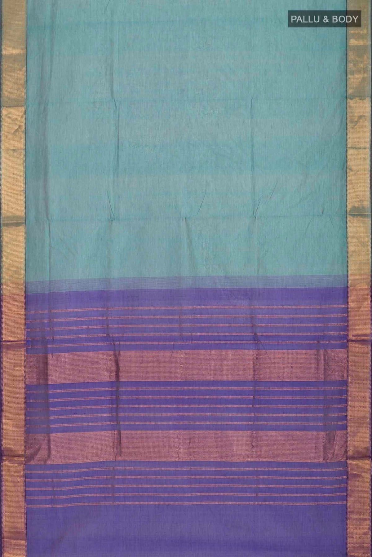 Flat view of Blue Silk Cotton Saree with Plain Body and Zari Border