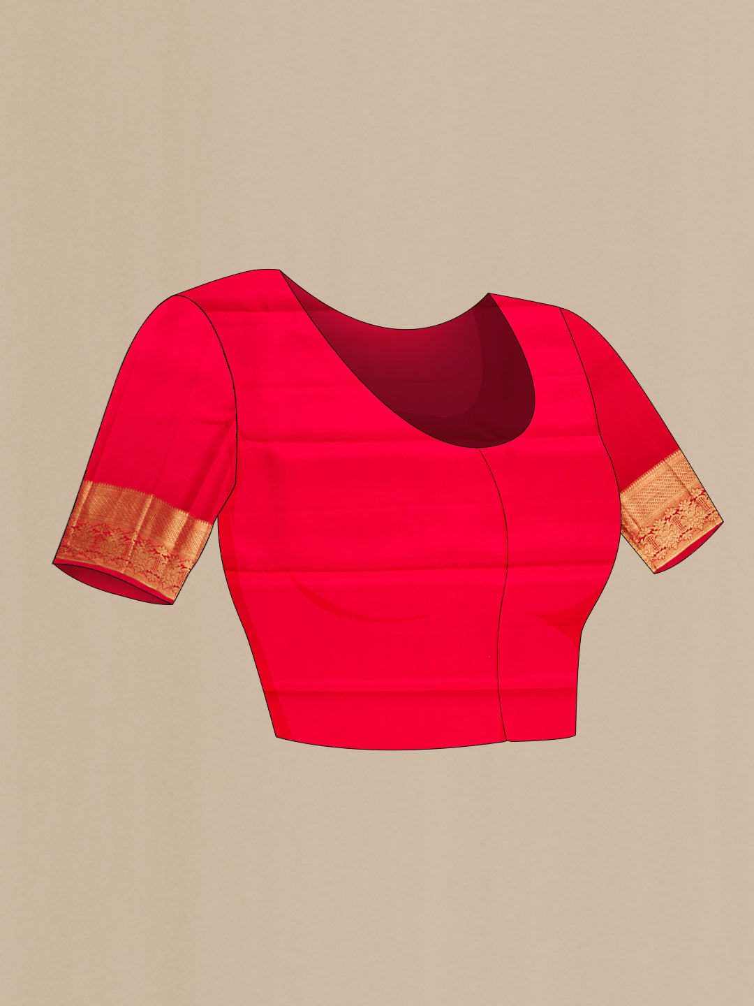 Close up image of the blouse of Red Dual Tone Kanchipuram Silk Saree with Zari Brocade on the body and Zari Border. 