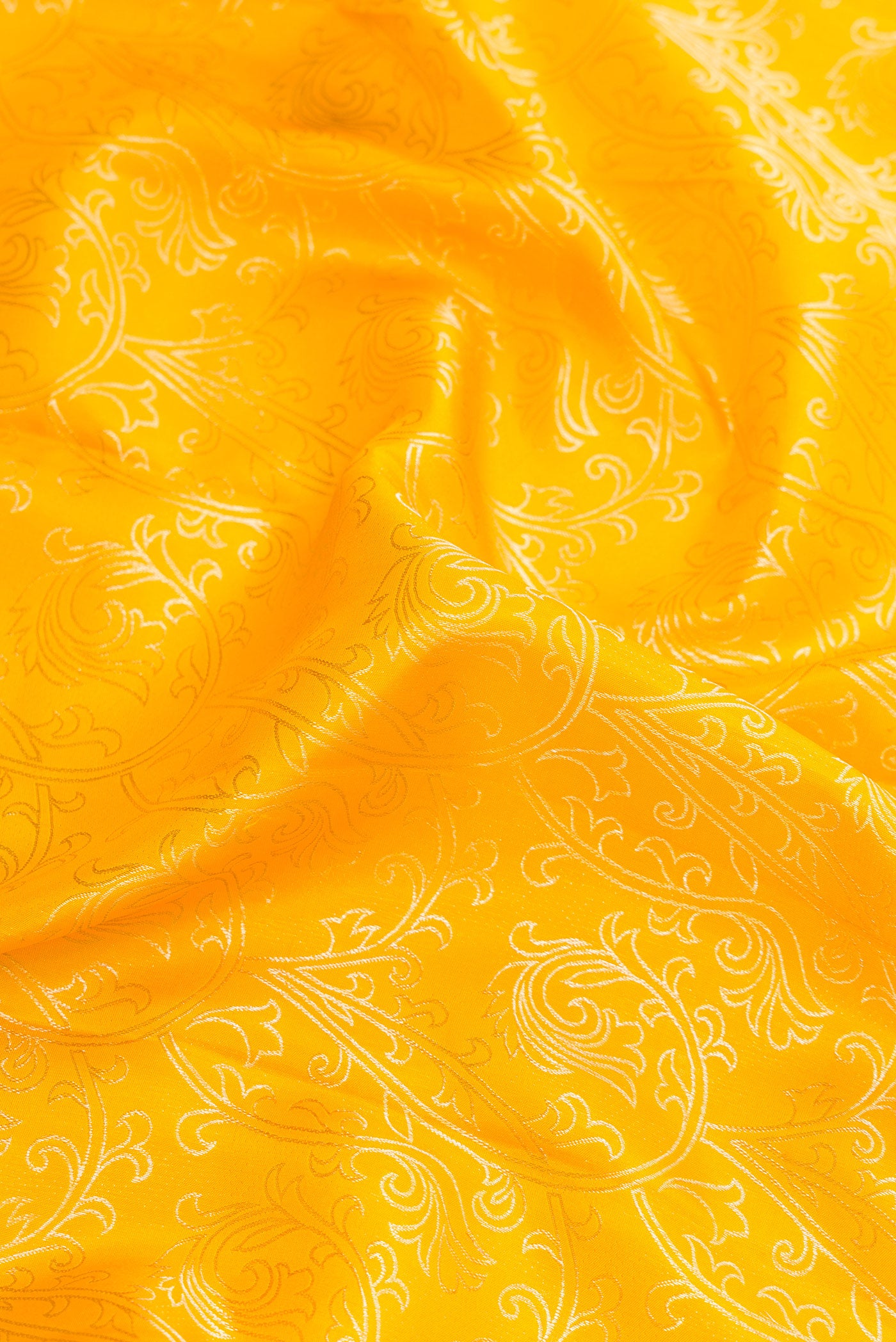 Close up of Gold Dual Tone Kanchipuram Silk Saree with Zari Butta on the body and Zari Border.  displaying folds