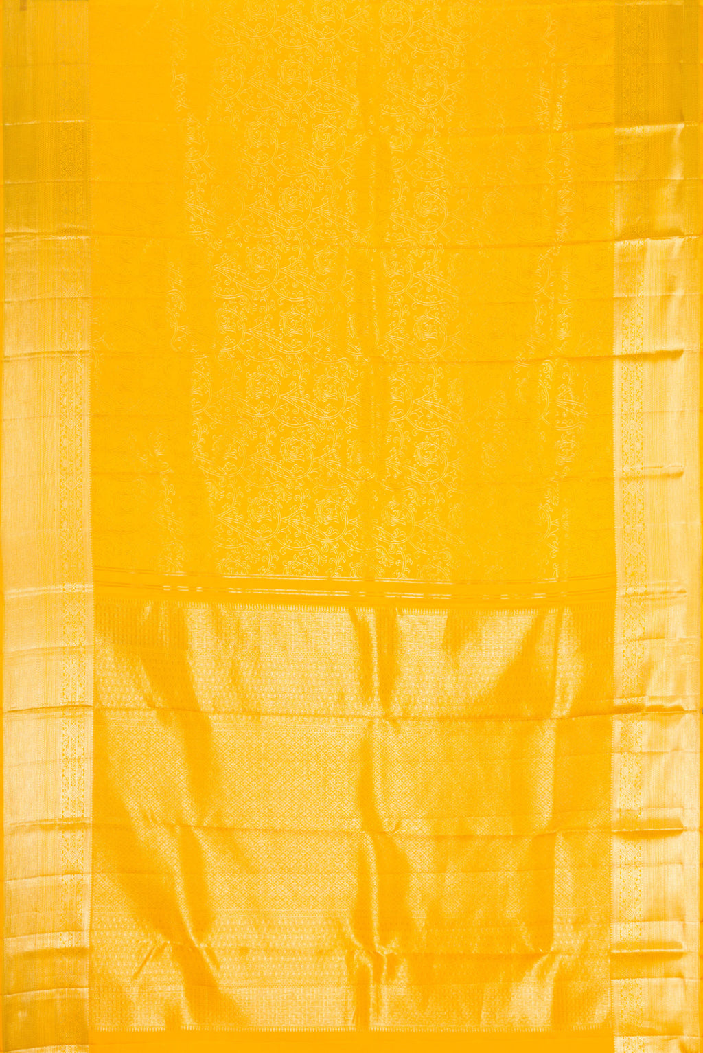 Flat view of Gold Dual Tone Kanchipuram Silk Saree with Zari Butta on the body and Zari Border. 