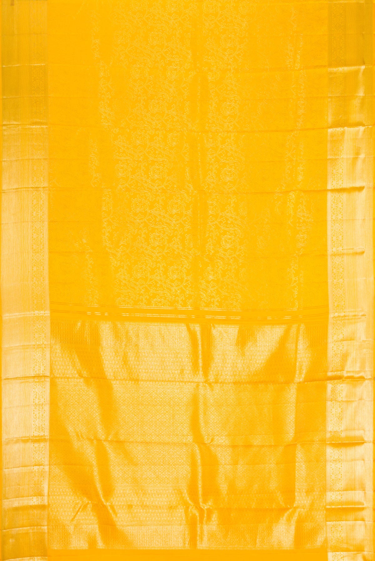 Flat view of Gold Dual Tone Kanchipuram Silk Saree with Zari Butta on the body and Zari Border. 