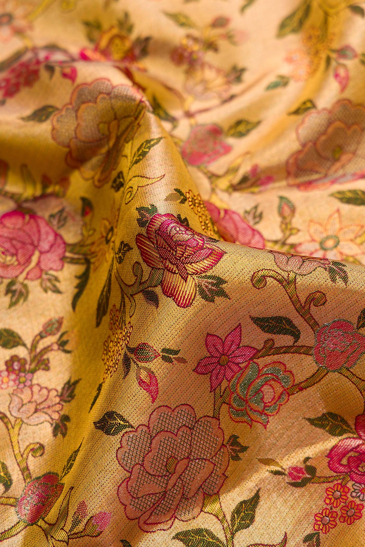 Close up of Gold Dual Tone Kanjivaram Tissue Silk Saree with Zari Brocade on the body and Zari Border.  displaying folds