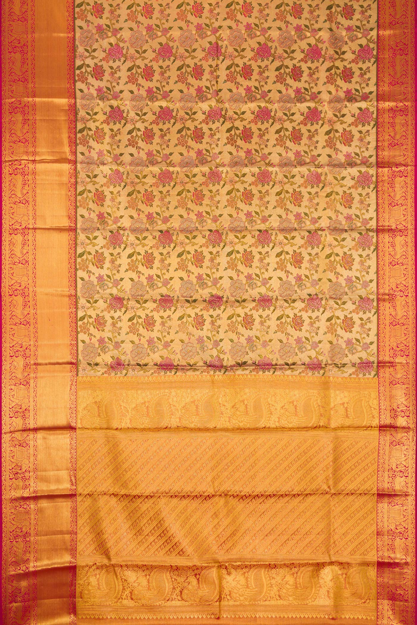 Flat view of Gold Dual Tone Kanjivaram Tissue Silk Saree with Zari Brocade on the body and Zari Border. 