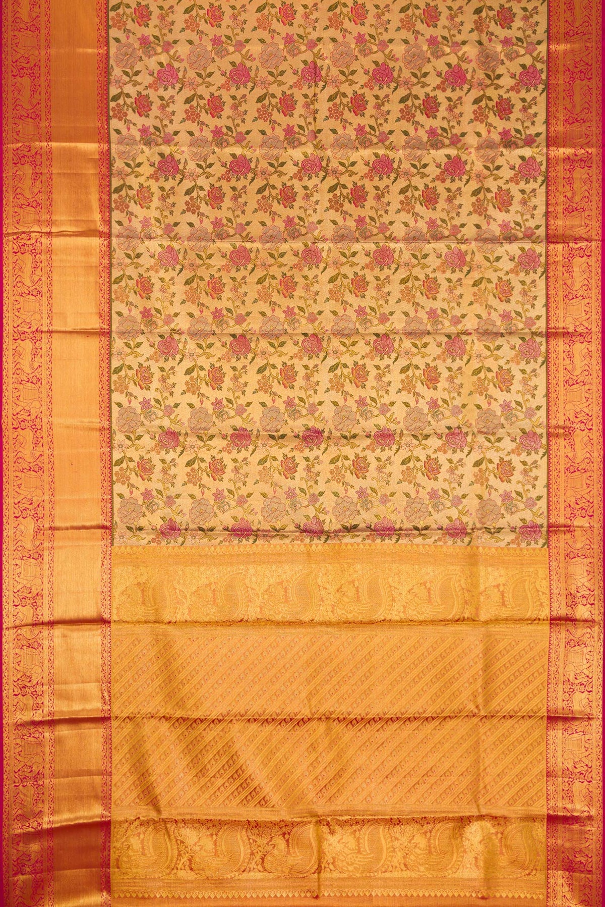 Flat view of Gold Dual Tone Kanjivaram Tissue Silk Saree with Zari Brocade on the body and Zari Border. 