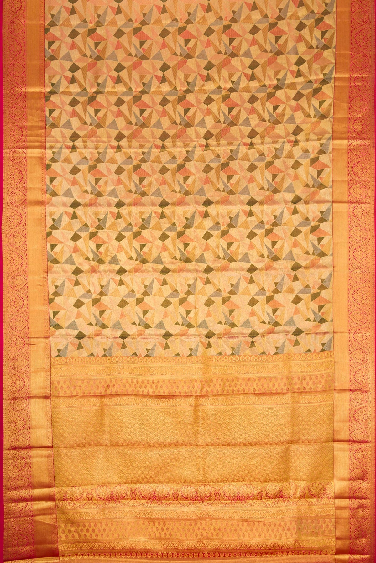 Flat view of Gold Dual Tone Kanjivaram Tissue Silk Saree with Zari Brocade on the body and Zari Border. 