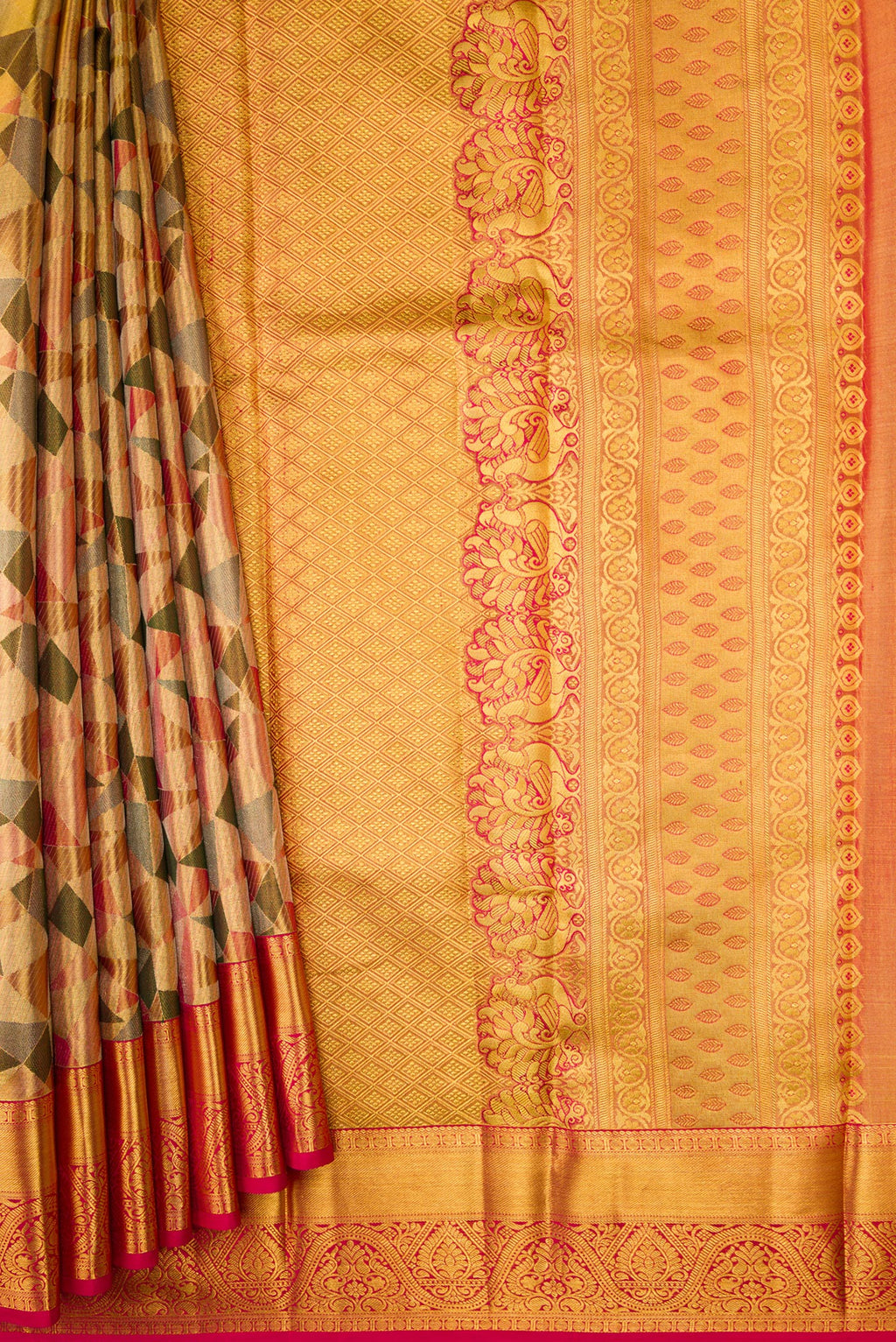 Pleats and pallu of Gold Dual Tone Kanjivaram Tissue Silk Saree with Zari Brocade on the body and Zari Border. 
