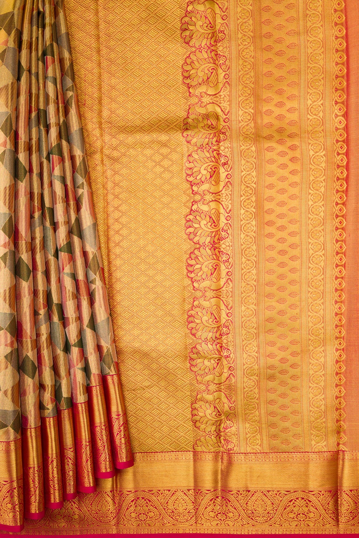 Pleats and pallu of Gold Dual Tone Kanjivaram Tissue Silk Saree with Zari Brocade on the body and Zari Border. 