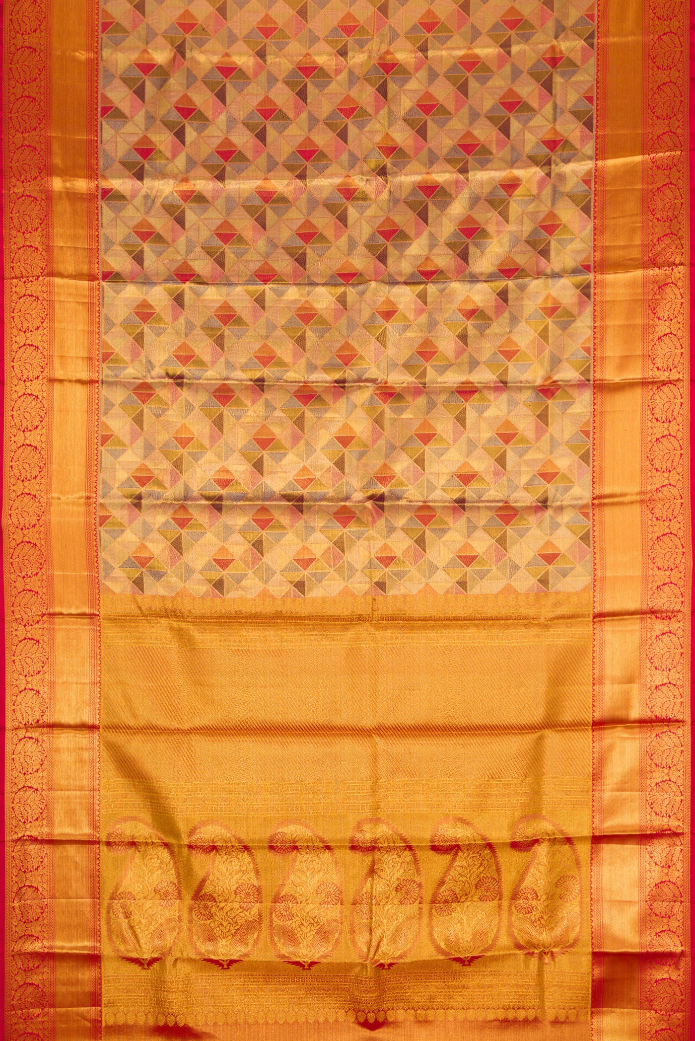 Flat view of Gold Dual Tone Kanjivaram Tissue Silk Saree with Zari Brocade on the body and Zari Border. 