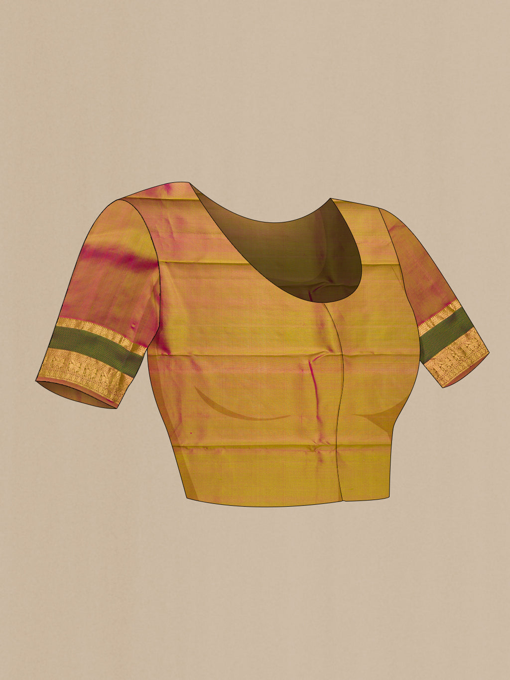 Close up image of the blouse of Parrot Green Dual Tone Kanchipuram Silk Saree with Zari Butta on the body and Zari And Thread Border. 