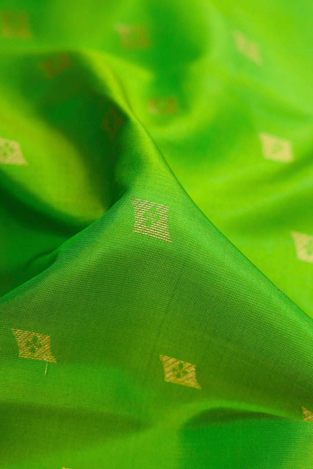 Close up of Parrot Green Dual Tone Kanchipuram Silk Saree with Zari Butta on the body and Zari And Thread Border.  displaying folds