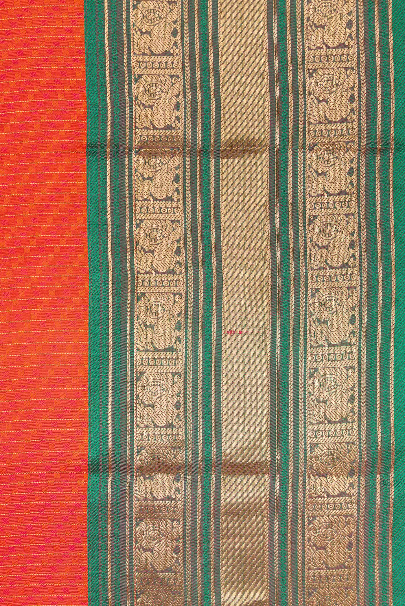 Border image of Orange Dual Tone Kanchipuram Silk Saree with Jacquard design on the body and Zari Border. 